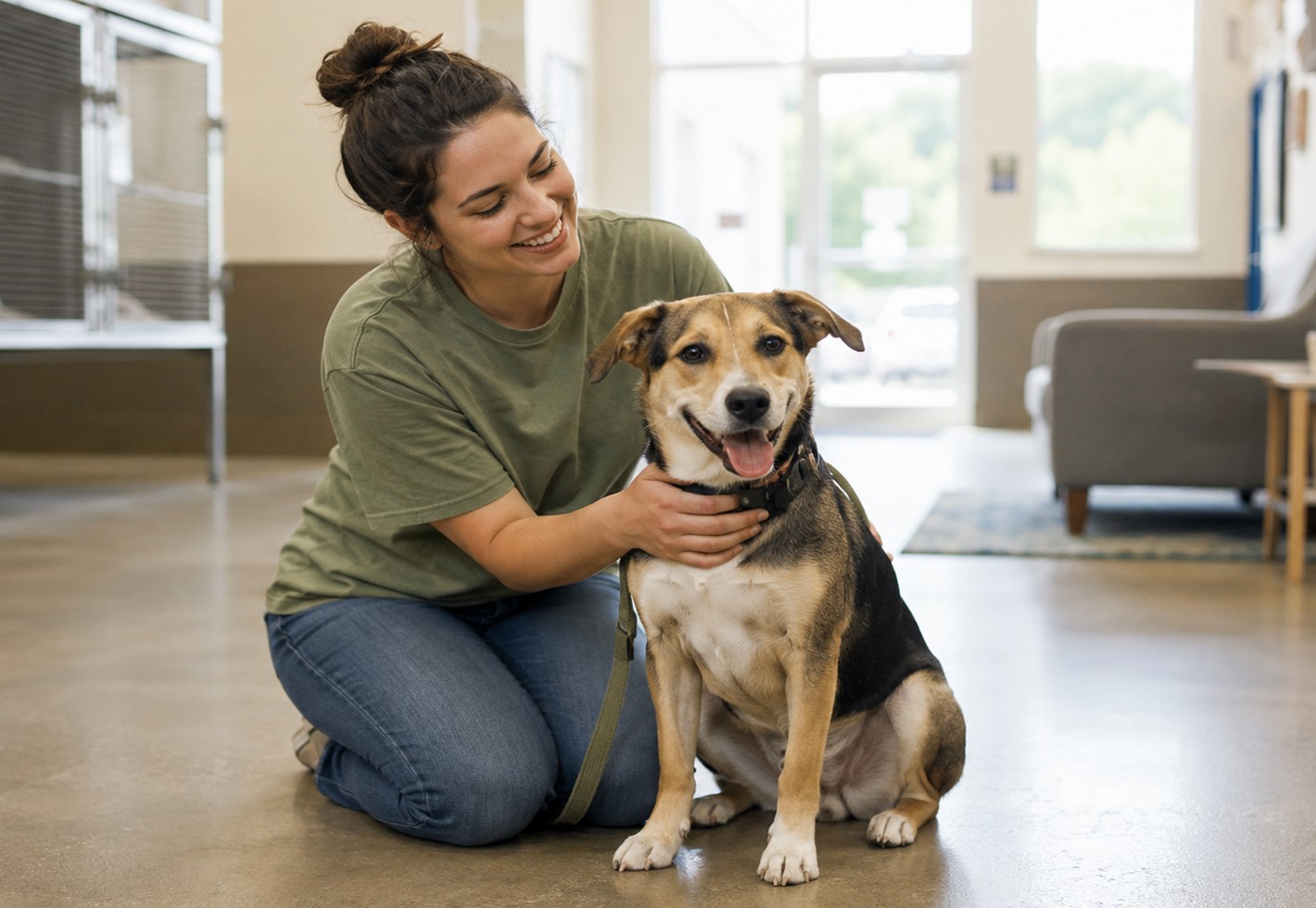 Volunteer with rescue dog at adoption center